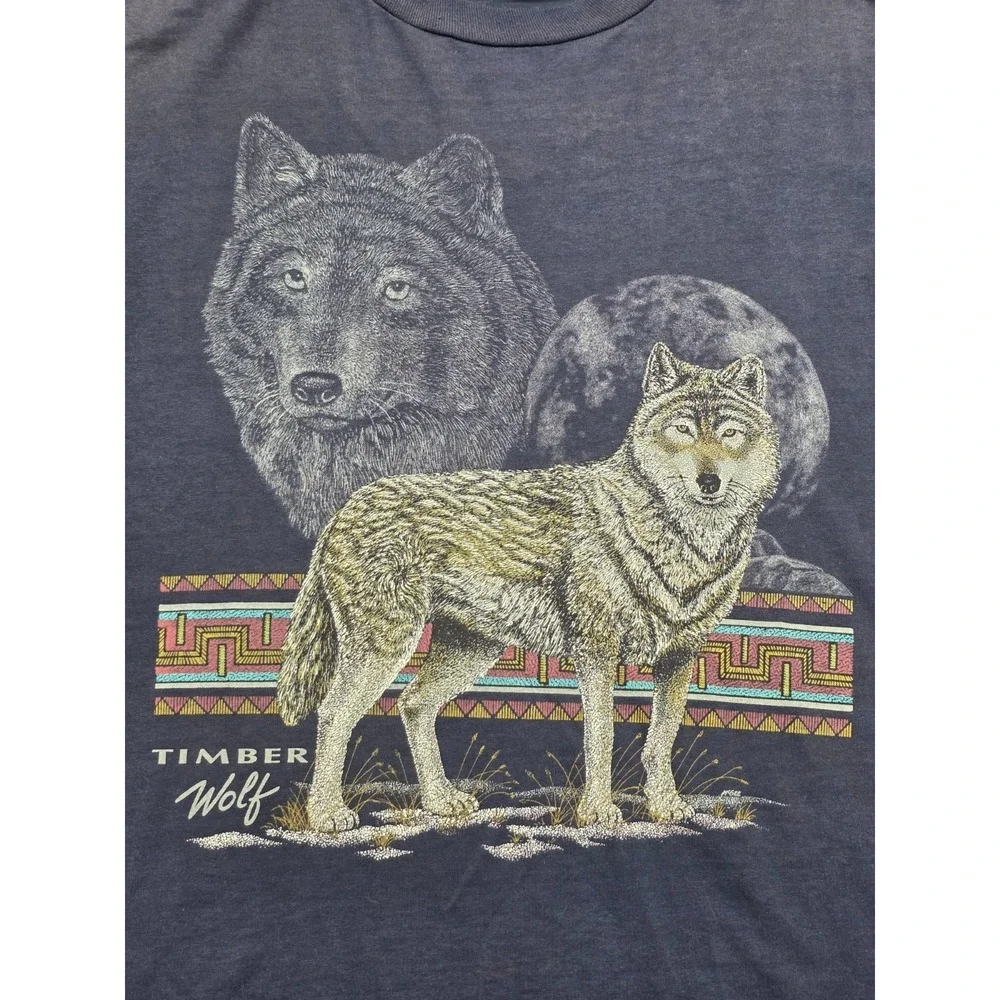 Vintage 90s Timber Wolf T‑Shirt XL Cotton Grove USA Made Wildlife Moon Flaw Seam